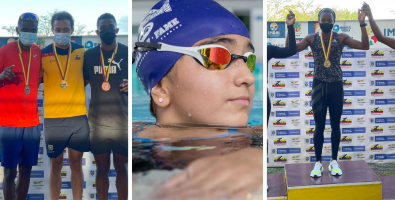 Evelis Aguilar, Sara Vargas y Nicolás Salinas se colgaron medallas de oro en atletismo y natación este fin de semana. Fotos: IDRD Evelis Aguilar, Sara Vargas y Nicolás Salinas se colgaron medallas de oro en atletismo y natación este fin de semana. Fotos: IDRD