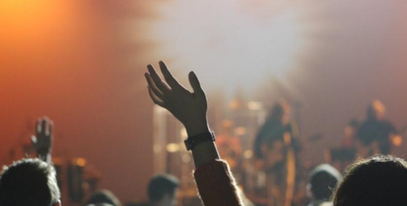 Mujer alzando la mano en un concierto 