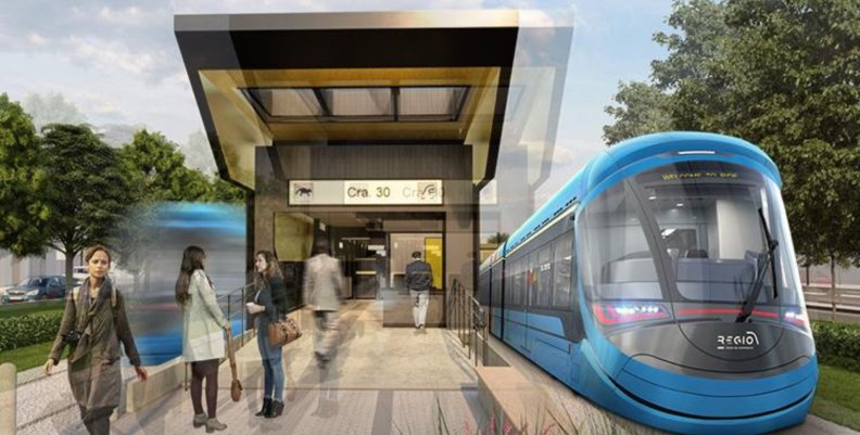 Regiotram de Occidente Grafica de un tren azul llegando a una estación