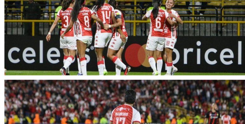 Independiente Santa Fe Collage con dos imágenes de Independiente Santa Fe: el equipo femenino triunfando en la Copa Libertadores y el equipo masculino siendo goleado.