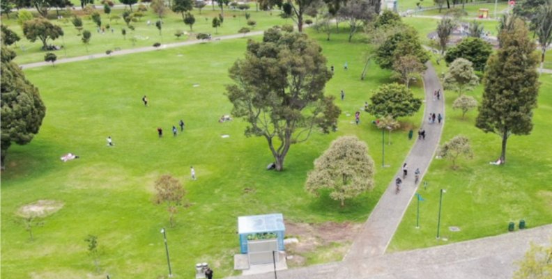 Parque en Bogotá Vista aérea de un parque de Bogotá con zonas verdes y un pasillo de tránsito.