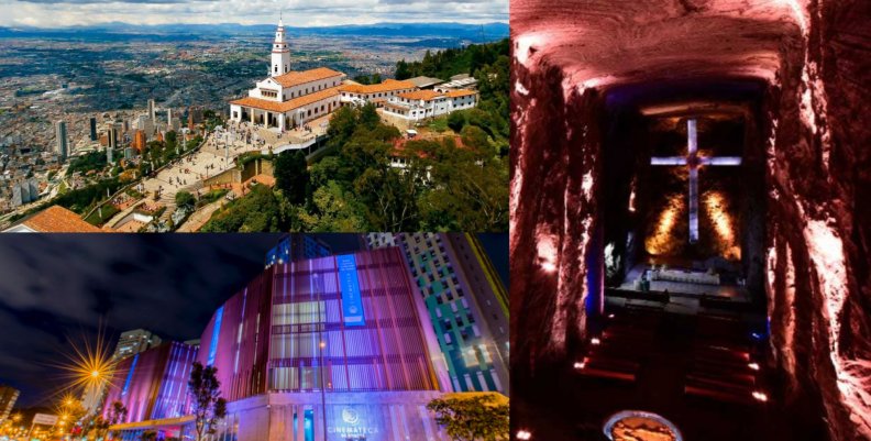 Combinación de fotos de la Catedral de Sal de Zipaquirá, Monserrate y la Cinemateca de Bogotá.