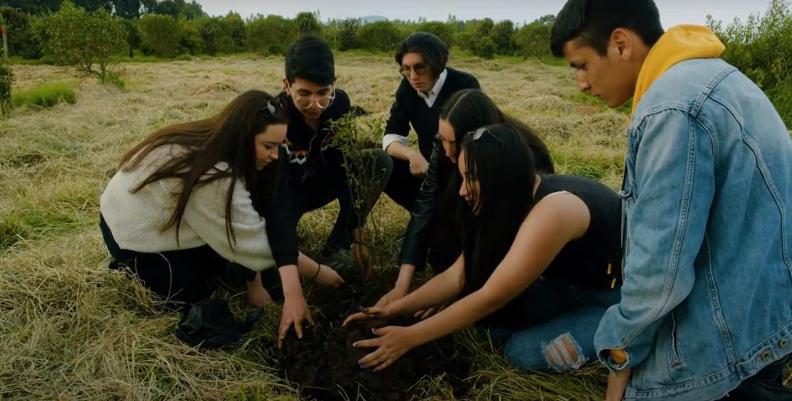 Serie 'Soy' Juan David Cardona, líder ambiental, y su grupo juvenil en actividades de siembra.