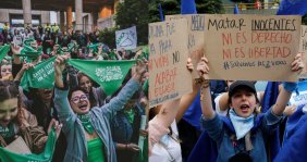 Dos imágenes contrapuestas: en una, feministas marchan en pro del aborto, en la otra, jóvenes pro-vida marchan contra el aborto.