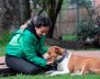 Funcionaria del Instituto Distrital de Protección Animal acariciando un perro 