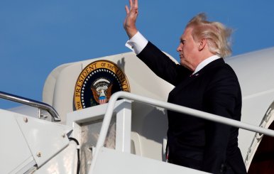 U.S. President Trump boards Air Force One prior to departing Morristown Municipal Airport in New Jersey